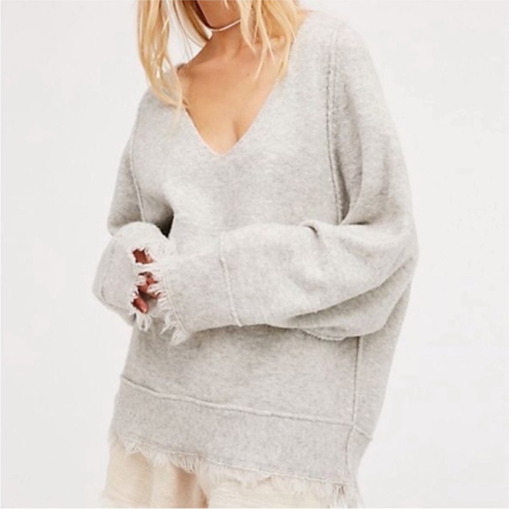 Free People Irresistible V-Neck Sweater Wool Blend Fringe Trim Oversized Gray